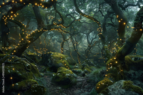 A mystical fairy tale forest illuminated by twinkling fairy lights  with moss-covered rocks  gnarled trees  and hidden glens.