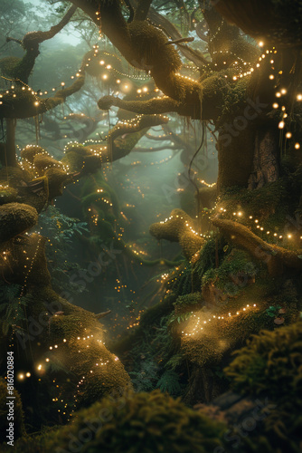 A mystical fairy tale forest illuminated by twinkling fairy lights, with moss-covered rocks, gnarled trees, and hidden glens.