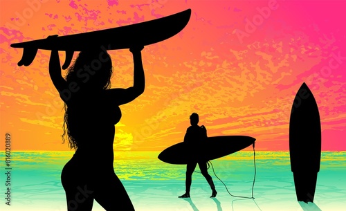 surfistas, contraluz, vector, tabla, surf, mar, atardecer, mujer surfista, silueta, tablista, ilustracion, arte surf, rosa, surfista en la playa, chica surf, mujer