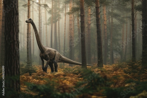 Fototapeta Naklejka Na Ścianę i Meble -  Lifelike rendering of a towering dinosaur set in an atmospheric fern-covered forest