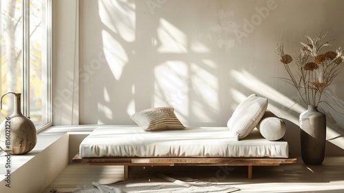 serene daybed haven bathed in sunlight minimalist interior photography