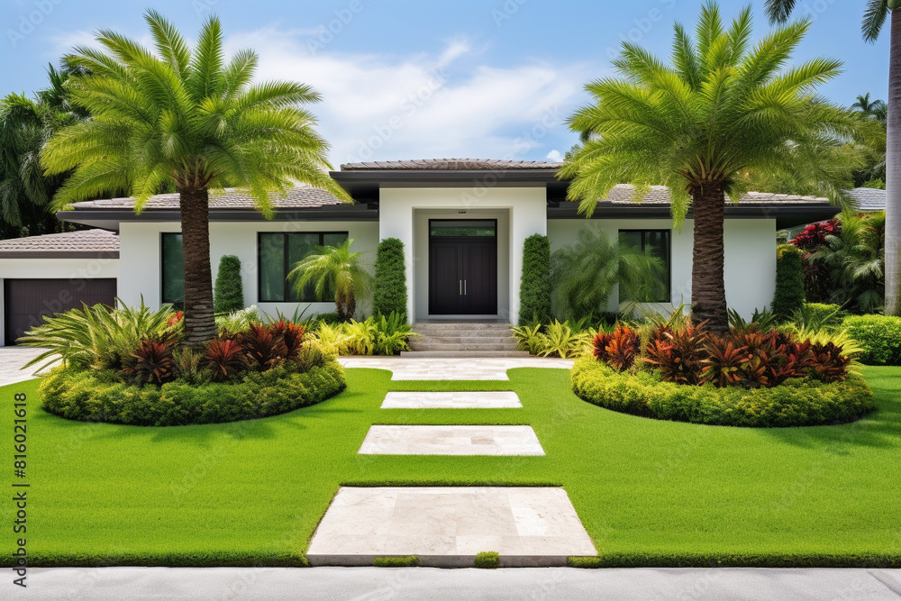 Naklejka premium Facade of a one-story country house with a palm garden in front of it. AI generated.