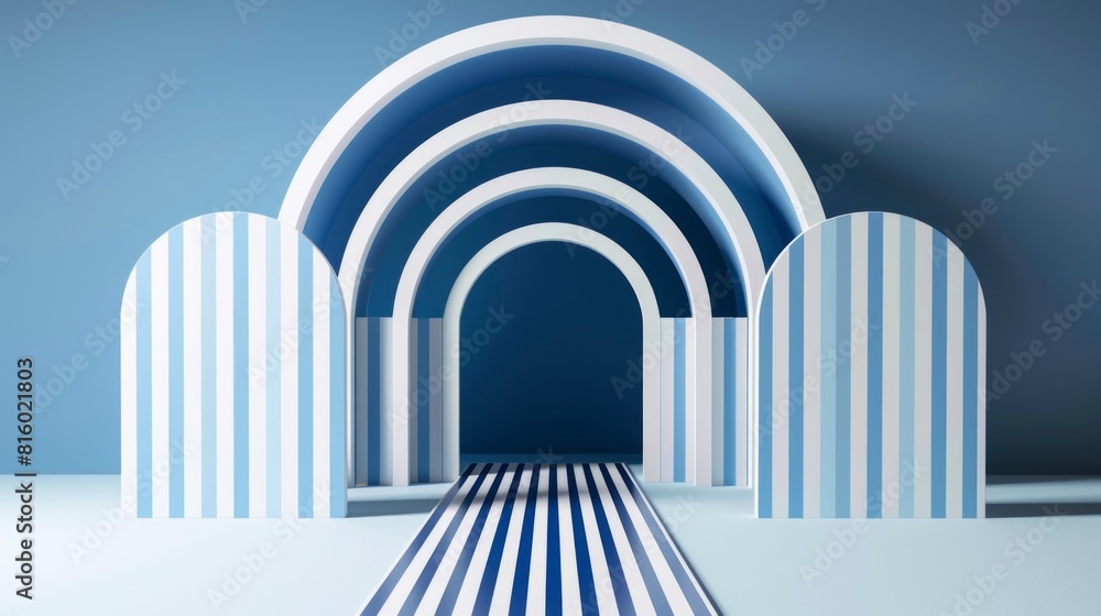 A modern, abstract architectural scene featuring arches and striped patterns in blue and white tones. The design creates a playful and inviting atmosphere, ideal for creative spaces A modern, abstract architectural scene featuring arches and striped patterns in blue and white tones. The design creates a playful and inviting atmosphere, ideal for creative spaces