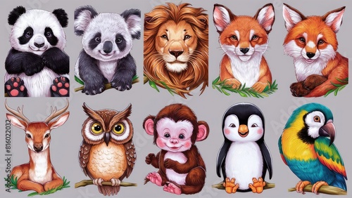 A delightful arrangement of stickers, each featuring adorable and intricately painted animals