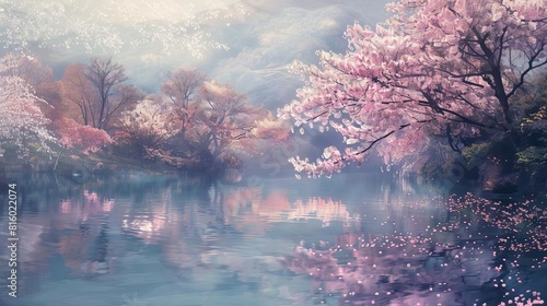 serenity in bloom majestic cherry blossom trees surrounding tranquil lake ethereal springtime landscape digital painting