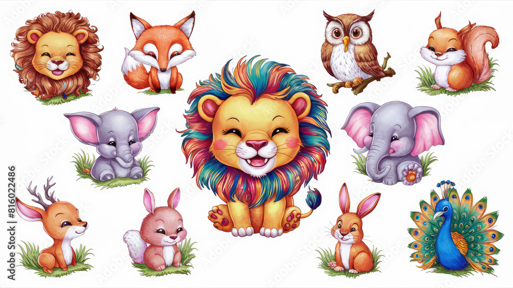 Obraz premium A delightful arrangement of stickers, each featuring adorable and intricately painted animals