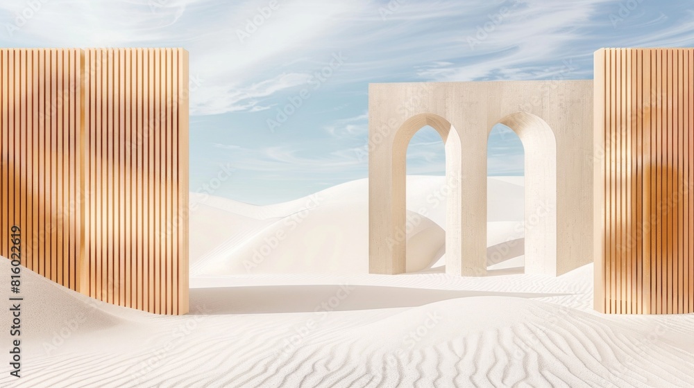 A serene desert landscape featuring abstract architectural elements. Two tall, wooden structures with vertical slats frame a central archway made of smooth stone A serene desert landscape featuring abstract architectural elements. Two tall, wooden structures with vertical slats frame a central archway made of smooth stone