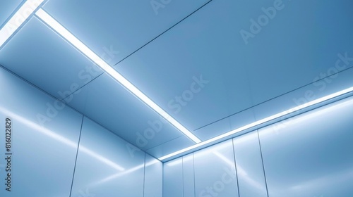 A modern elevator interior with sleek blue walls and bright LED lighting. The ceiling features linear light fixtures, creating a futuristic ambiance