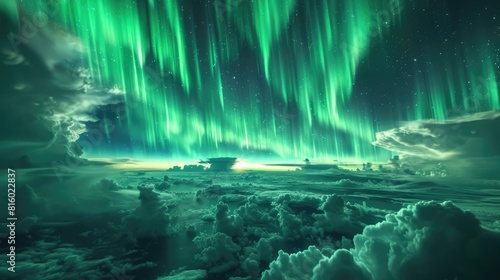 Dazzling green lights of the aurora borealis gracefully move in the sky above the clouds forming a captivating spectacle of beauty and awe in the northern hemisphere