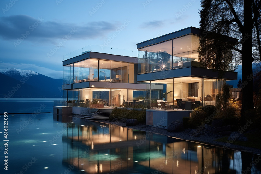 Residential building with glass walls on the banks of the river. Fully transparent house with furniture and interior lighting. Residential building with glass walls on the banks of the river. Fully transparent house with furniture and interior lighting.