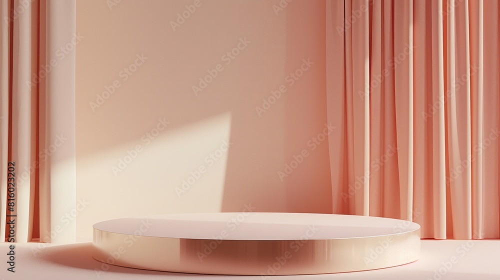 A minimalist empty podium with a round base in a soft pink room with curtains. The lighting creates a serene and elegant atmosphere A minimalist empty podium with a round base in a soft pink room with curtains. The lighting creates a serene and elegant atmosphere