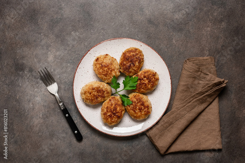 Fried meat cutlets in a plate on a dark background. Top view, Flat lay