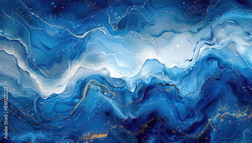 A digital art background of swirling deep blue water waves with fluid patterns and glowing highlights. Created with Ai