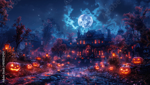 A magical night scene with an enchanted forest, glowing full moon, haunted house. Created with Ai