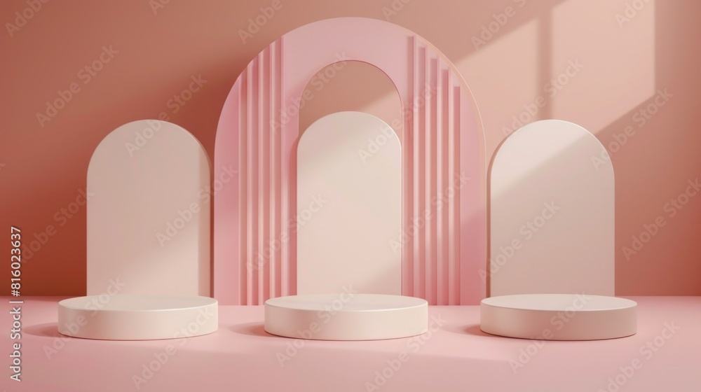 Minimalist pink and white podiums with arch shapes in a soft, pastel setting Minimalist pink and white podiums with arch shapes in a soft, pastel setting