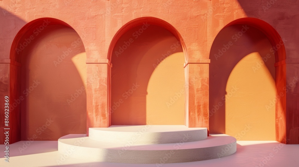 Fototapeta premium A minimalist architectural scene featuring three arches and a circular staircase bathed in warm sunlight, casting soft shadows