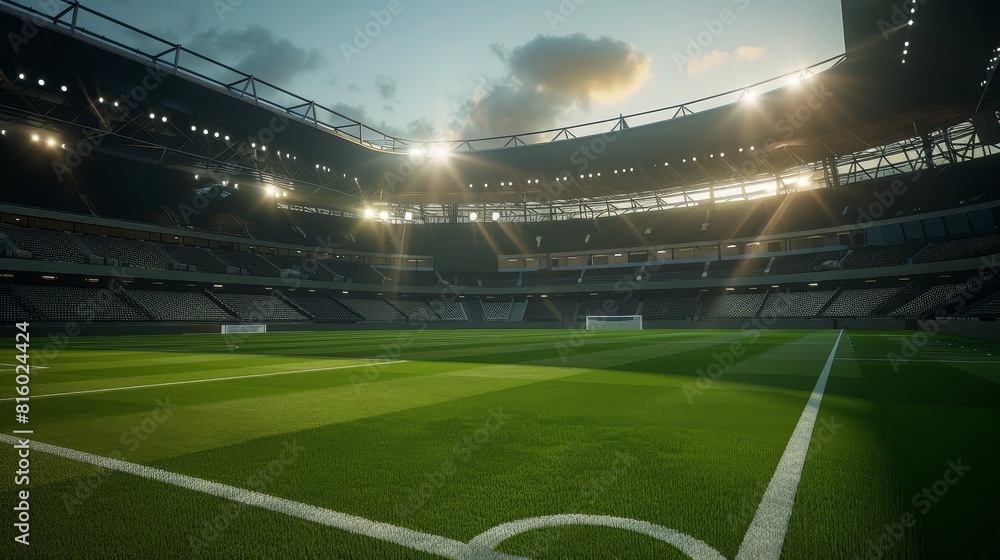 An empty stadium at dusk, spectacular lighting, shadows and reflections on the field
An empty stadium at dusk, spectacular lighting, shadows and reflections on the field