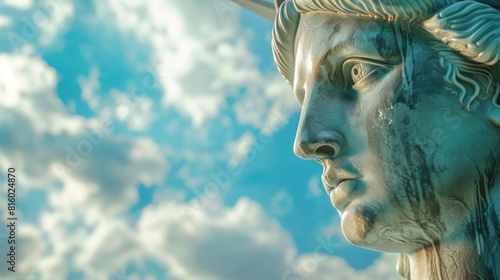 Majestic and Detailed Render of the Iconic Statue of Liberty s Face Framed by Dramatic Clouds and Intricate High Tech Elements © Sittichok