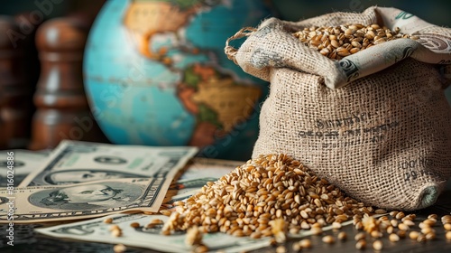 Depiction of a sack of wheat beside a globe, illustrating the global food crisis related to export and import issues photo