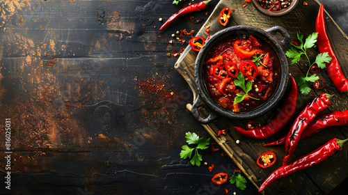 Hot and spicy bowl of crushed dry red chili flakes peppers on wooden cutting board and black wood table copy space