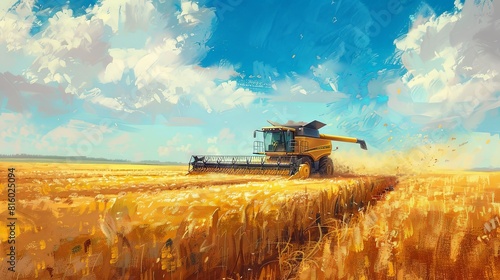 combine harvester, harvesting a wheat field, in the style of The New Yorker art photo