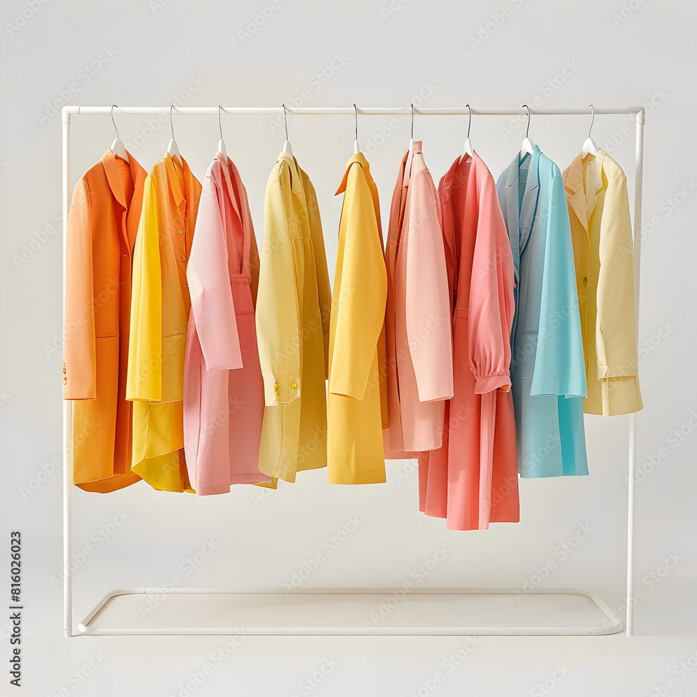 Women's fashion bright pastel clothes on clothing rack on white background. Women's fashion bright pastel clothes on clothing rack on white background.