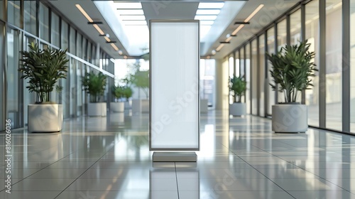 sleek rollup poster mockup standing in a clean modern hall with large glass windows perfect for showcasing wide banner designs