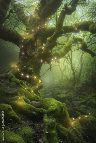 A mystical fairy tale forest illuminated by twinkling fairy lights  with moss-covered rocks  gnarled trees  and hidden glens.