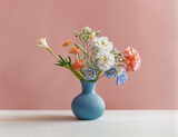 A blue vase with beautiful flowers over a dusky pink wall