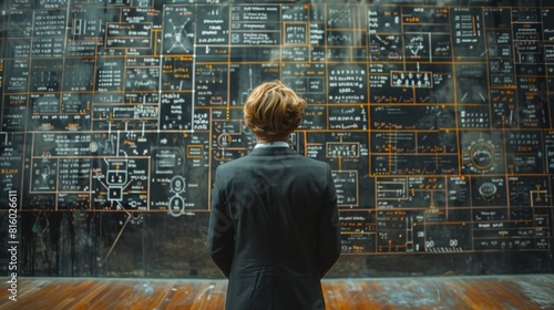 A daunting task, finding a solution a concept. A young businessman stands in front of a dark wall scribbled with complex calculations. photo