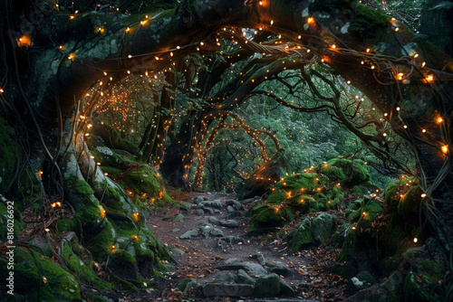 A mystical fairy tale forest illuminated by twinkling fairy lights  with moss-covered rocks  gnarled trees  and hidden glens.