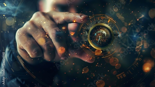 Man adjusting a knob to turn a crisis into an opportunity, in a composite image blending photography and 3D elements photo