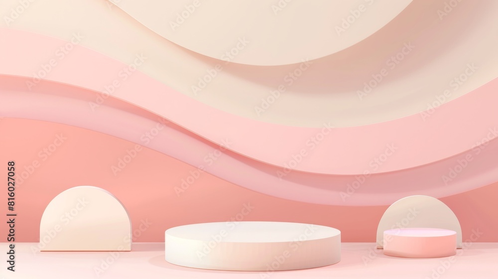Abstract minimalistic background with pastel pink and beige curved shapes and podiums. The design features smooth, flowing lines and soft colors, creating a calm and elegant atmosphere Abstract minimalistic background with pastel pink and beige curved shapes and podiums. The design features smooth, flowing lines and soft colors, creating a calm and elegant atmosphere