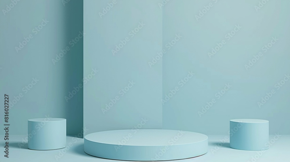 Minimalistic blue podium with geometric shapes in a studio setting Minimalistic blue podium with geometric shapes in a studio setting
