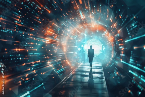 Abstract digital transformation concept in business showing a businessman walking towards a virtual portal filled with data and technology symbols