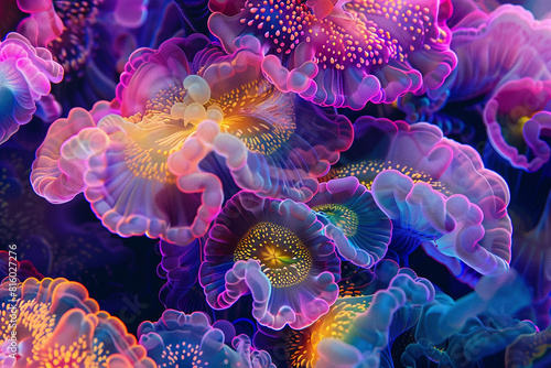 A digital reinterpretation of underwater coral formations, with intricate patterns and vibrant colors reminiscent of a psychedelic dreamscape. © burkyposh