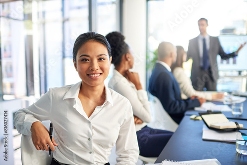 Free Download Woman, employee and smile on portrait in boardroom with pride for career grow and opportunity as accountant. Female person, people and office for business presentation with statistics for feedback - GFXLoad