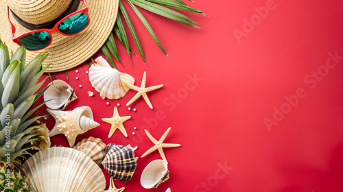 A red background with sunglasses, pineapples, white seashells, straw hats and starfish. Top view, copy space area