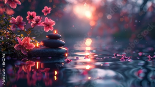 Zen stones in water with pink flowers