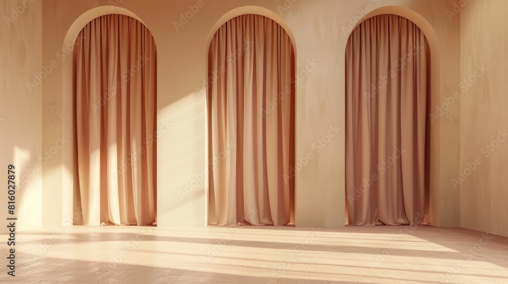 Fototapeta premium A minimalist interior featuring three arched openings with soft, flowing curtains. The warm, neutral tones create a serene atmosphere, with sunlight casting gentle shadows on the wooden floor