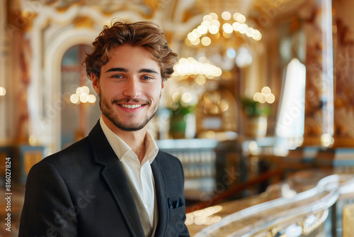 Attractive smiling young male administrator greeting guests at reception desk of fashionable hotel