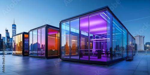 Discover modern modular office space in a vibrant city building with glass windows. Concept Office Design, Modular Spaces, Urban Architecture, City Building, Glass Windows