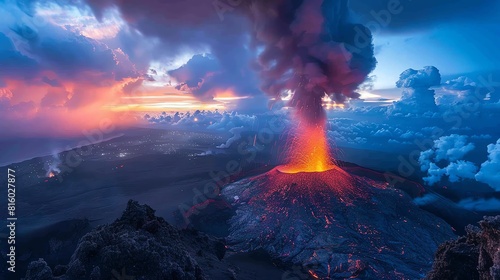 Capture the essence of danger in the fiery eruption of a volcano against the twilight sky photo