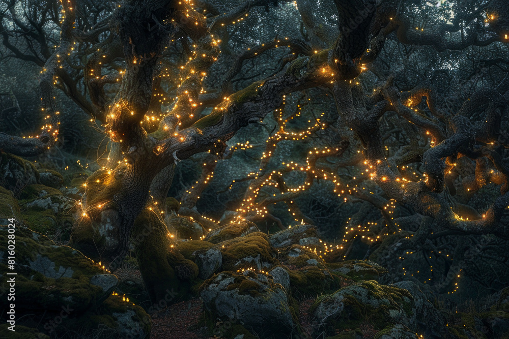A mystical fairy tale forest illuminated by twinkling fairy lights, with moss-covered rocks, gnarled trees, and hidden glens. A mystical fairy tale forest illuminated by twinkling fairy lights, with moss-covered rocks, gnarled trees, and hidden glens.