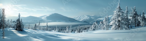 Convey the serene beauty of a snow-covered landscape, where silence reigns supreme in the winter air photo