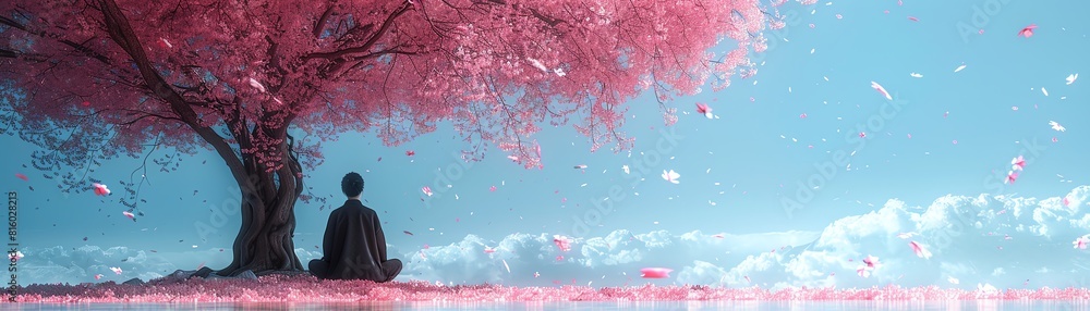 Craft a minimalist masterpiece of a lone figure meditating beneath a sprawling cherry blossom tree Craft a minimalist masterpiece of a lone figure meditating beneath a sprawling cherry blossom tree