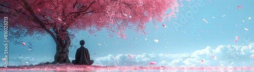 Craft a minimalist masterpiece of a lone figure meditating beneath a sprawling cherry blossom tree