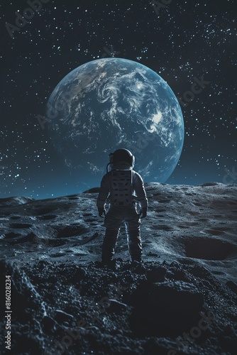 Craft a minimalist ode to lunar solitude, a lone astronaut gazing at Earth from afar