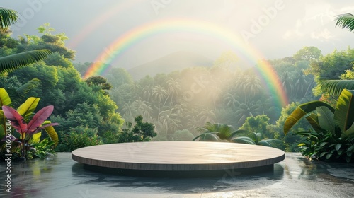 The lush green jungle with a beautiful rainbow and a stage in the middle.