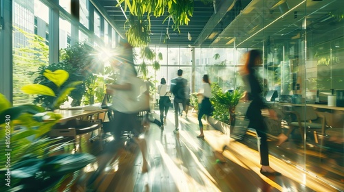 sustainable success green office with rushing employees esg business concept photo